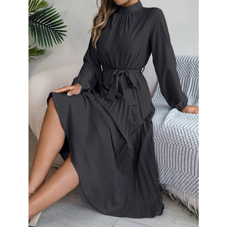 Mock Neck Pleated Midi Dress Apparel and Accessories