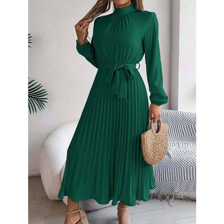 Mock Neck Pleated Midi Dress Apparel and Accessories