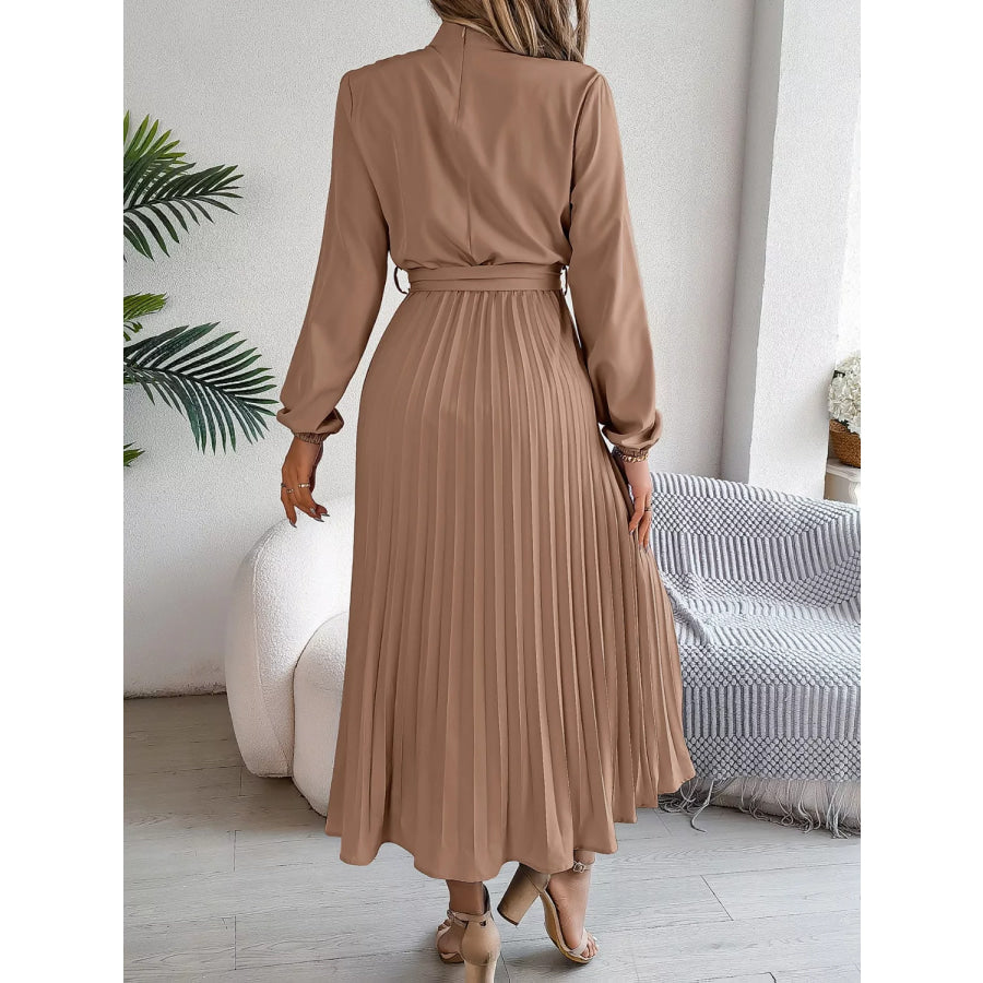 Mock Neck Pleated Midi Dress Apparel and Accessories