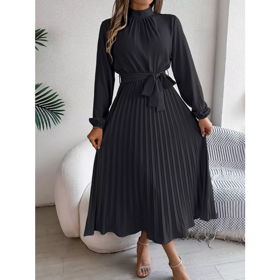 Mock Neck Pleated Midi Dress Apparel and Accessories