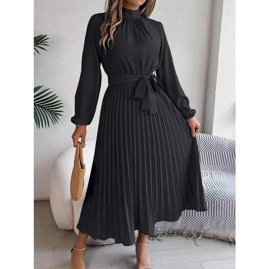 Mock Neck Pleated Midi Dress Apparel and Accessories