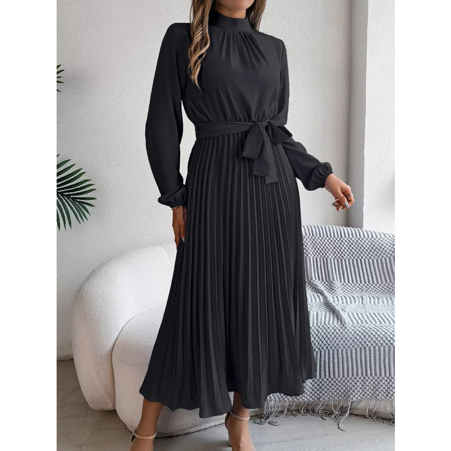 Mock Neck Pleated Midi Dress Apparel and Accessories