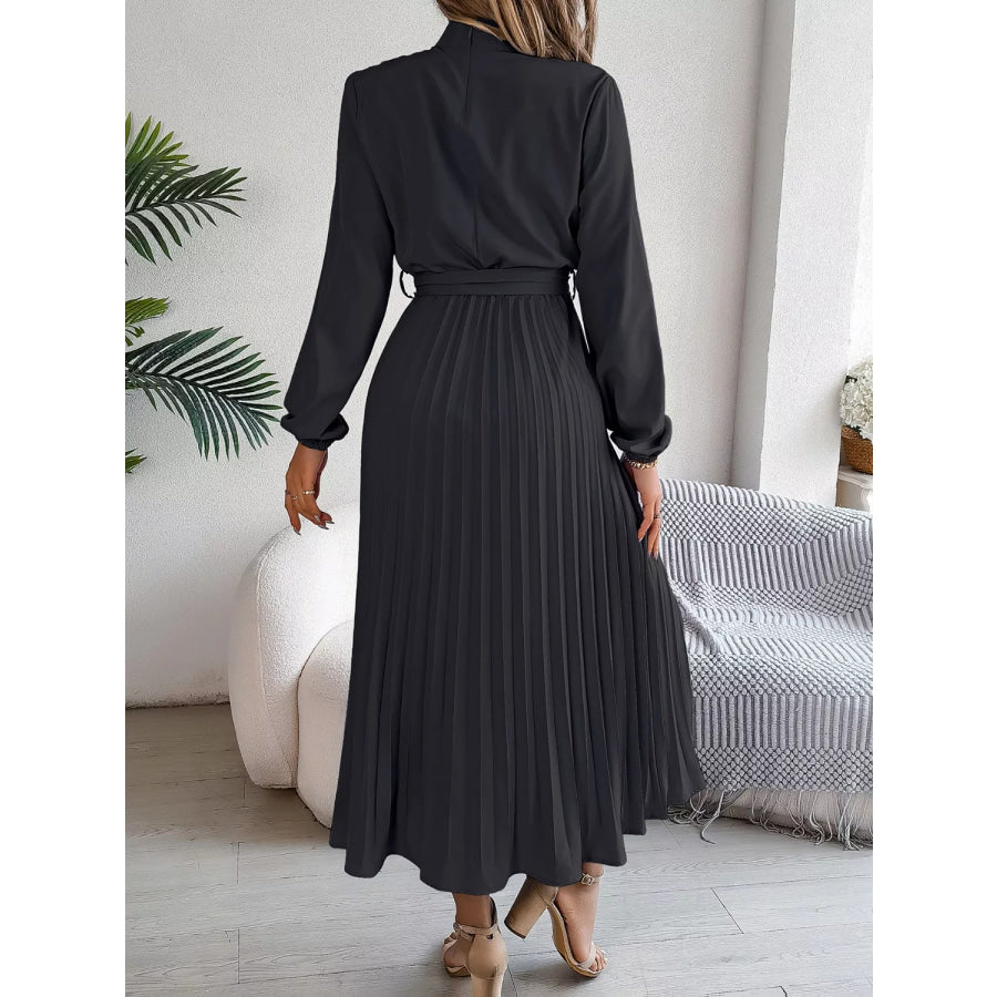 Mock Neck Pleated Midi Dress Apparel and Accessories