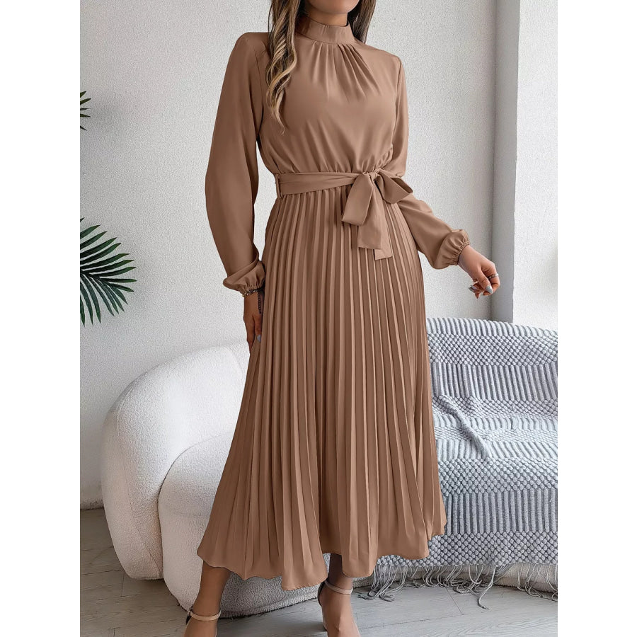 Mock Neck Pleated Midi Dress Apparel and Accessories