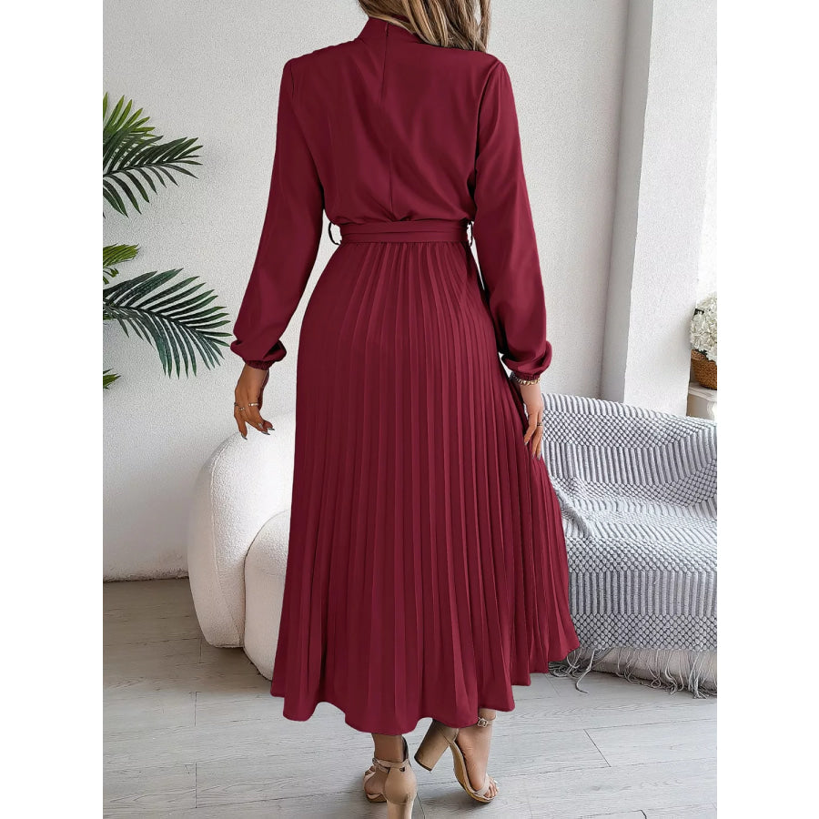 Mock Neck Pleated Midi Dress Apparel and Accessories