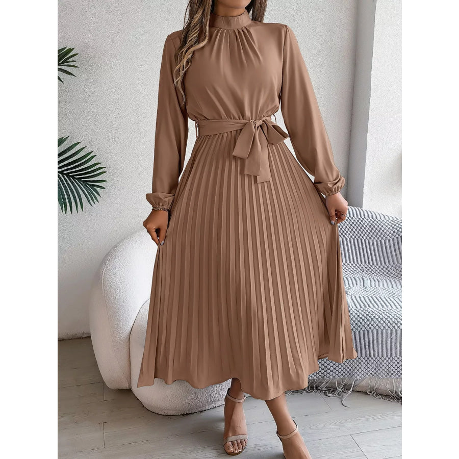 Mock Neck Pleated Midi Dress Apparel and Accessories