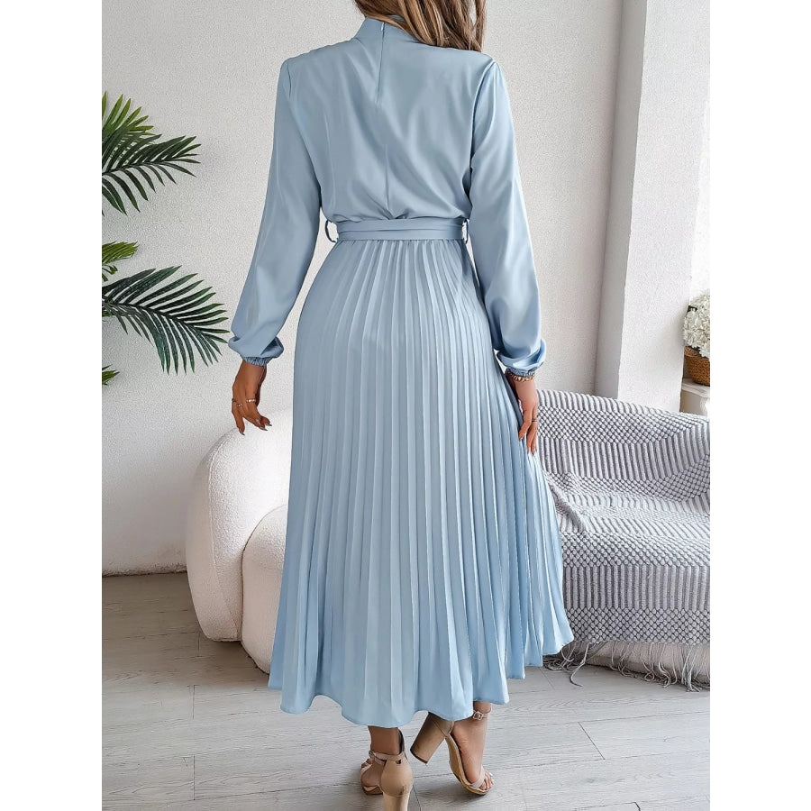 Mock Neck Pleated Midi Dress Apparel and Accessories