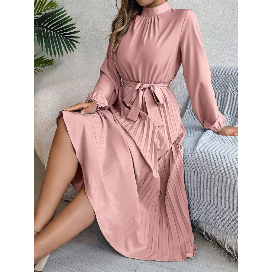 Mock Neck Pleated Midi Dress Apparel and Accessories