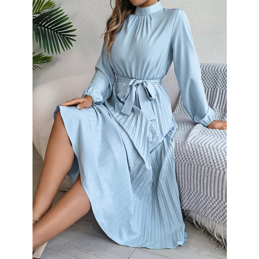 Mock Neck Pleated Midi Dress Apparel and Accessories