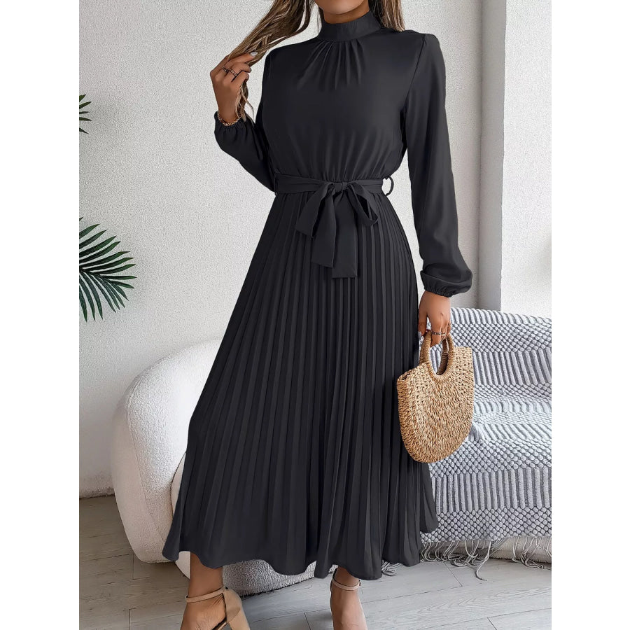 Mock Neck Pleated Midi Dress Apparel and Accessories