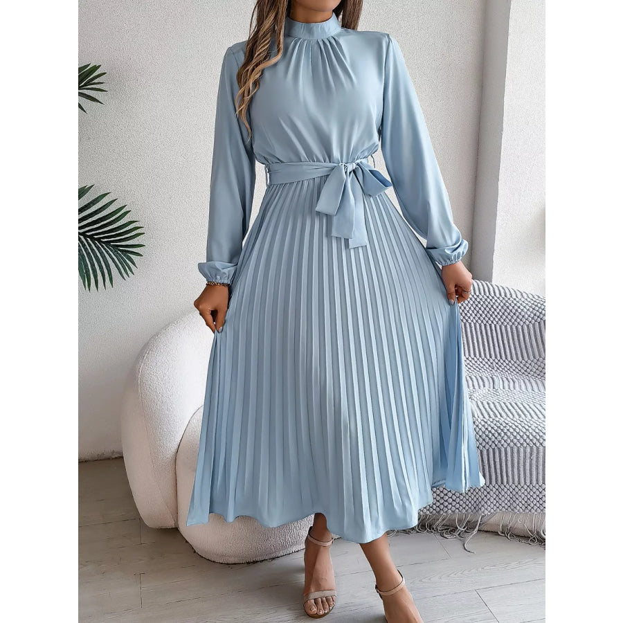 Mock Neck Pleated Midi Dress Apparel and Accessories