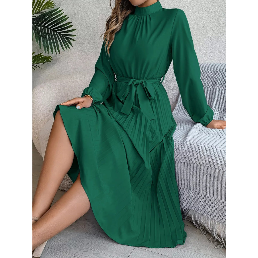 Mock Neck Pleated Midi Dress Apparel and Accessories