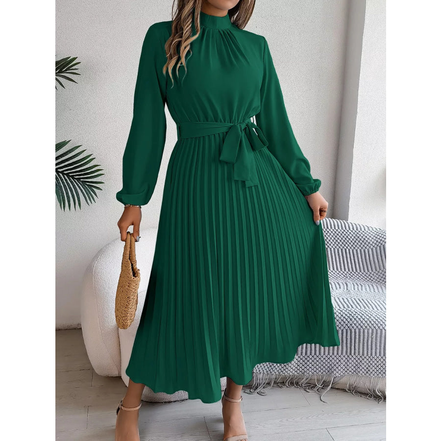 Mock Neck Pleated Midi Dress Apparel and Accessories