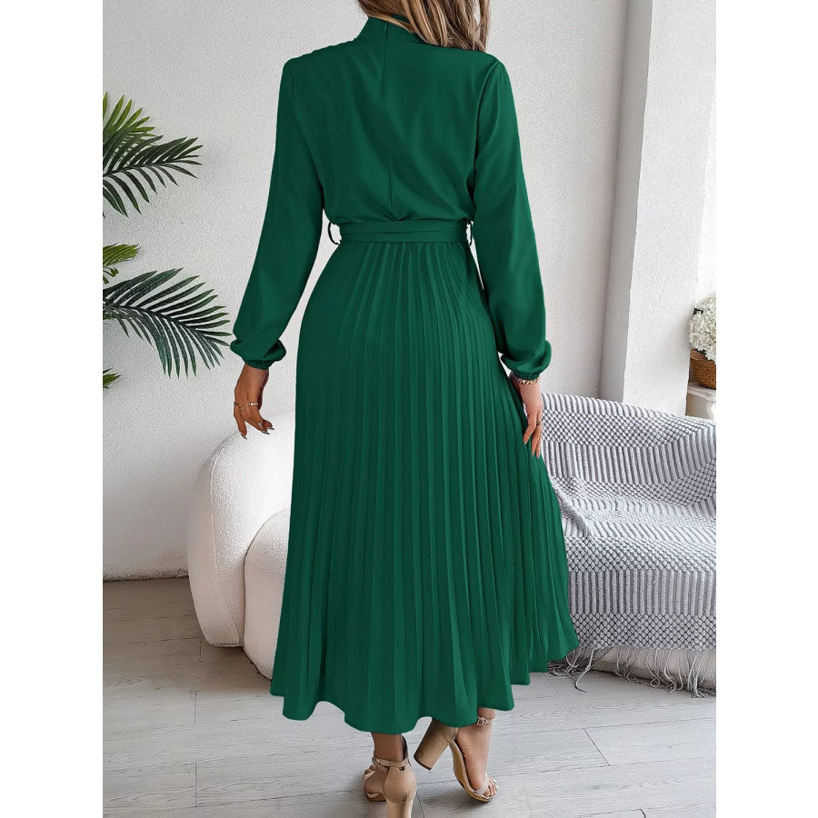 Mock Neck Pleated Midi Dress Apparel and Accessories