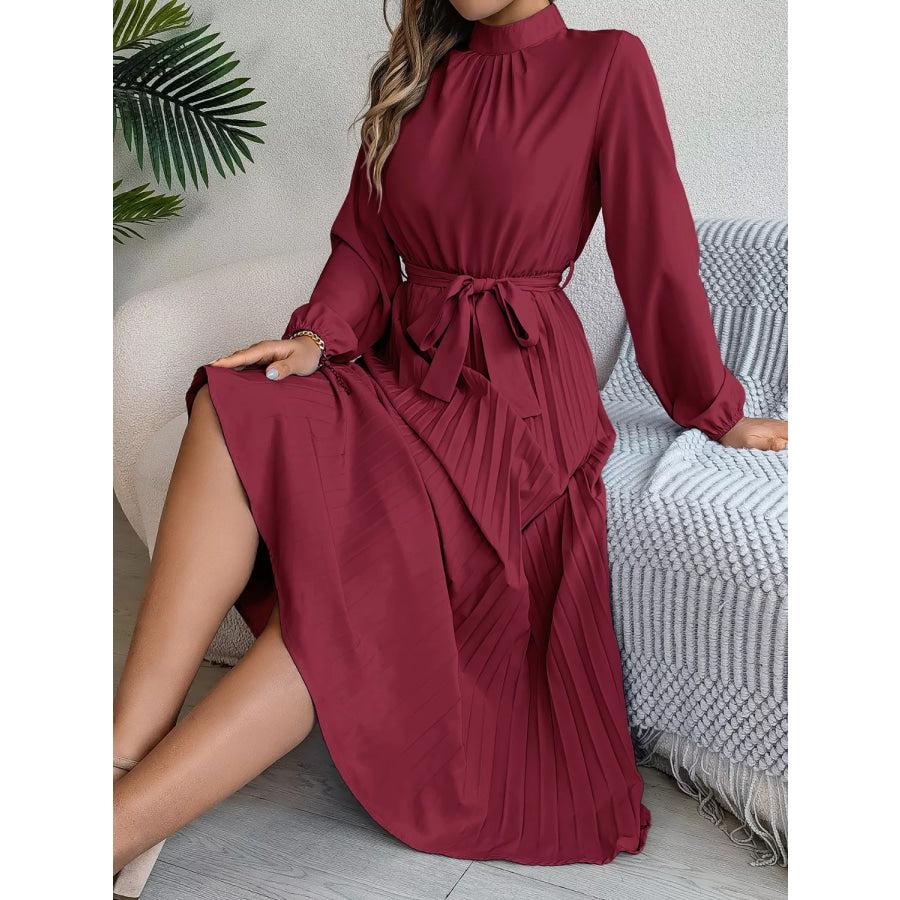 Mock Neck Pleated Midi Dress Burgundy / S Apparel and Accessories