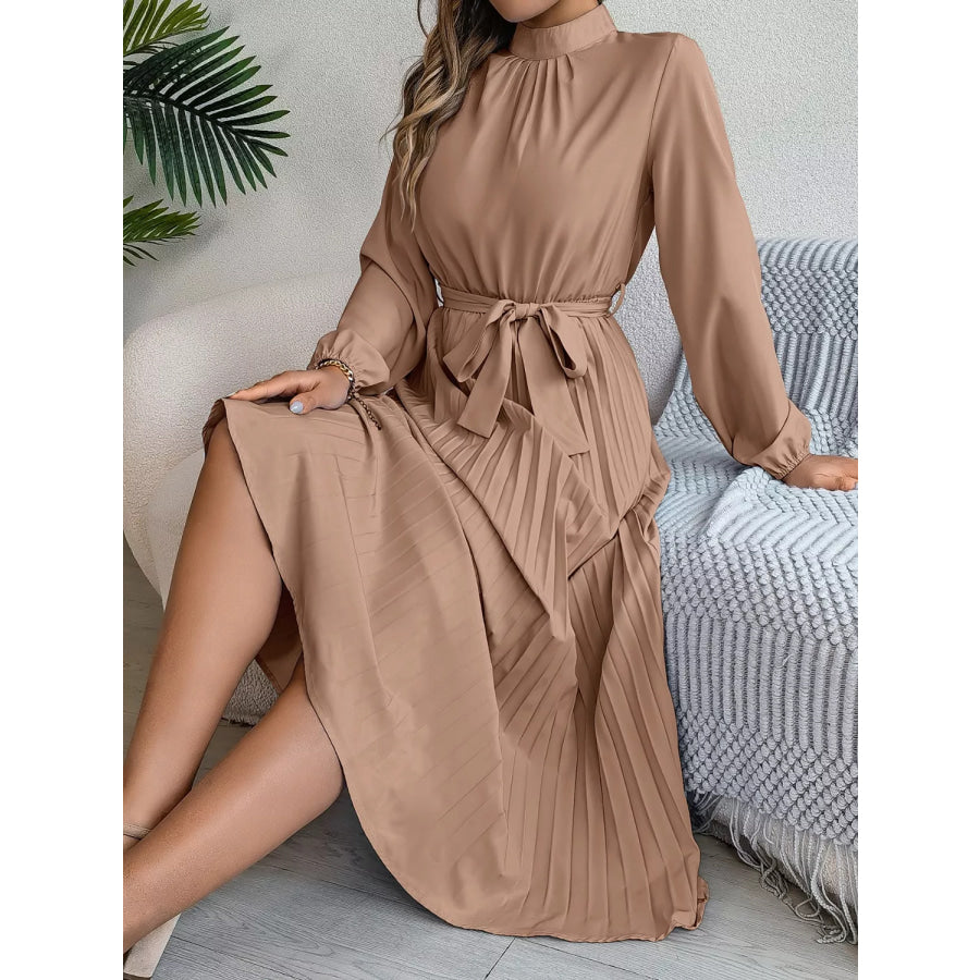 Mock Neck Pleated Midi Dress Camel / S Apparel and Accessories