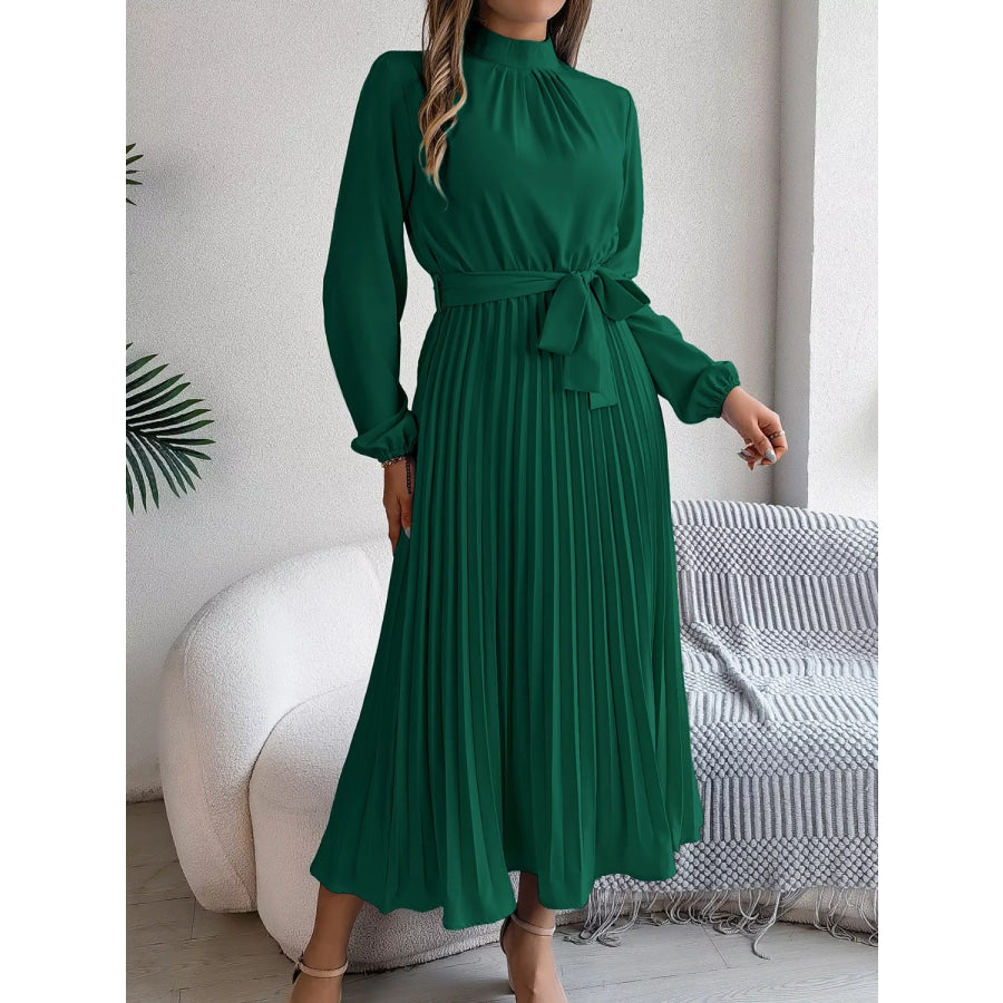 Mock Neck Pleated Midi Dress Dark Green / S Apparel and Accessories