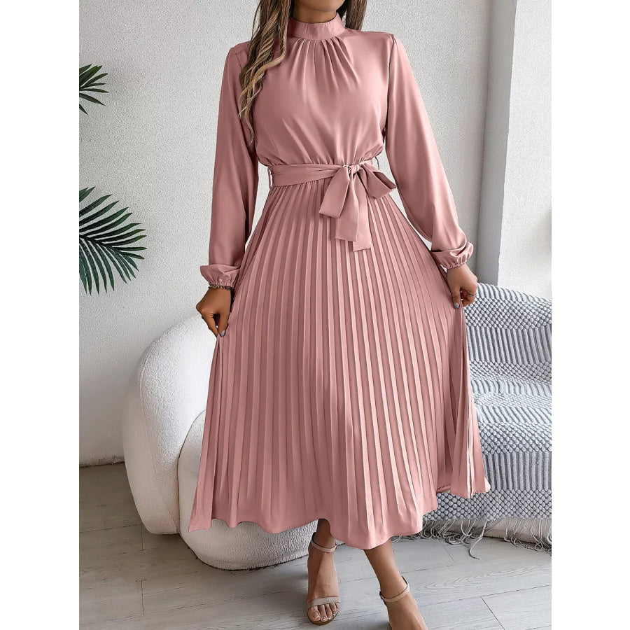 Mock Neck Pleated Midi Dress Dusty Pink / S Apparel and Accessories