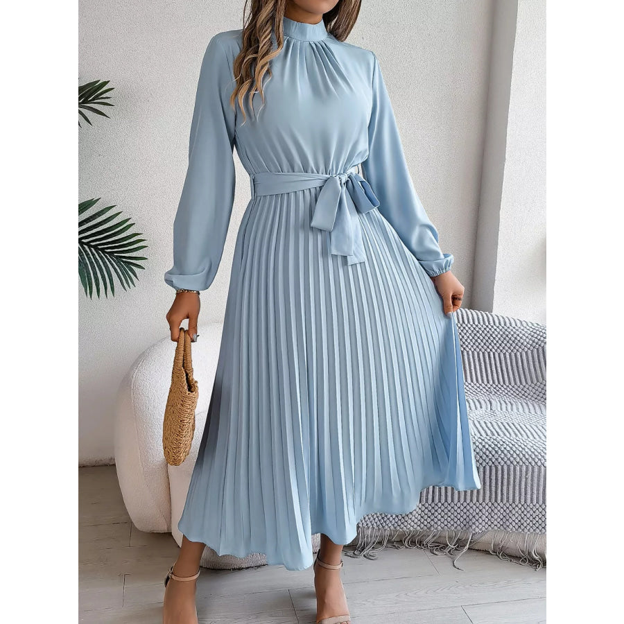 Mock Neck Pleated Midi Dress Light Blue / S Apparel and Accessories