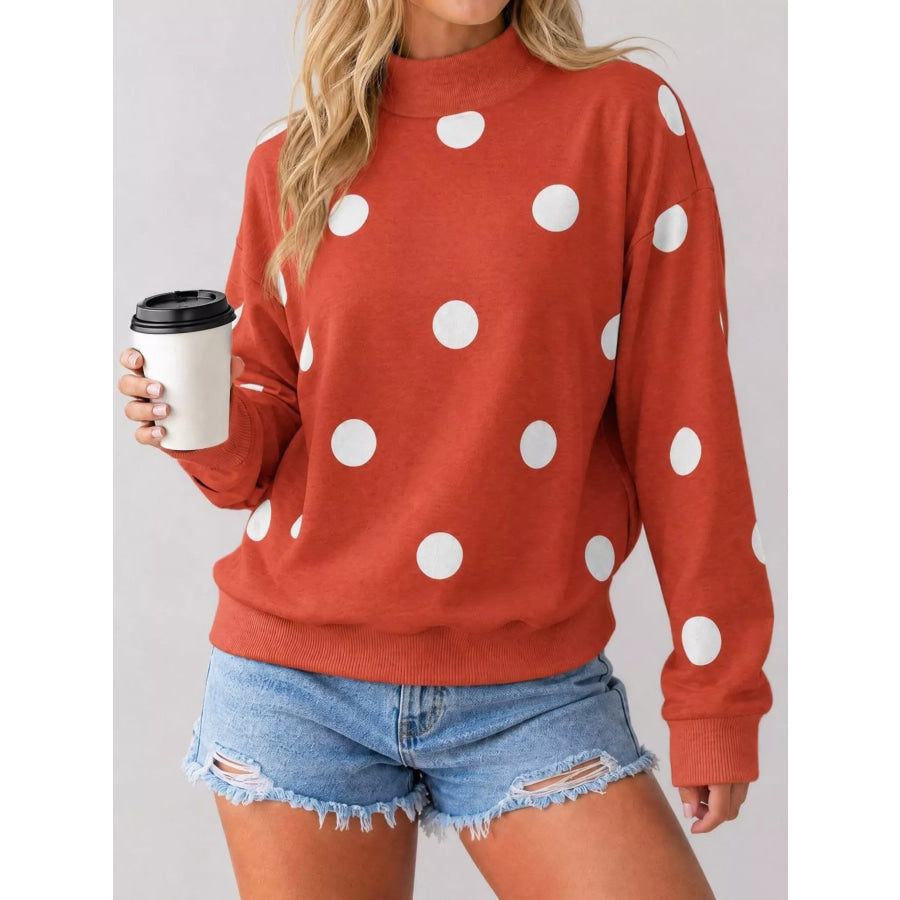 Mock Neck Polka Dot Print Oversized Sweatshirt Apparel and Accessories