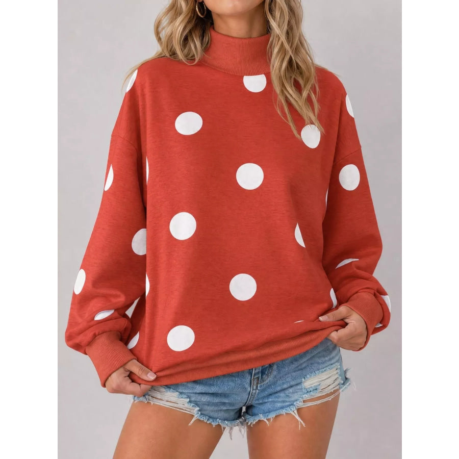 Mock Neck Polka Dot Print Oversized Sweatshirt Apparel and Accessories
