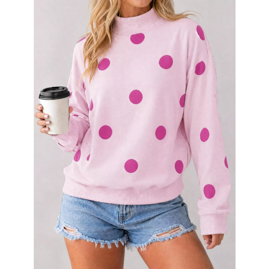 Mock Neck Polka Dot Print Oversized Sweatshirt Apparel and Accessories