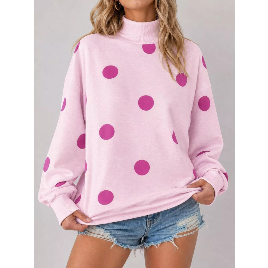 Mock Neck Polka Dot Print Oversized Sweatshirt Apparel and Accessories