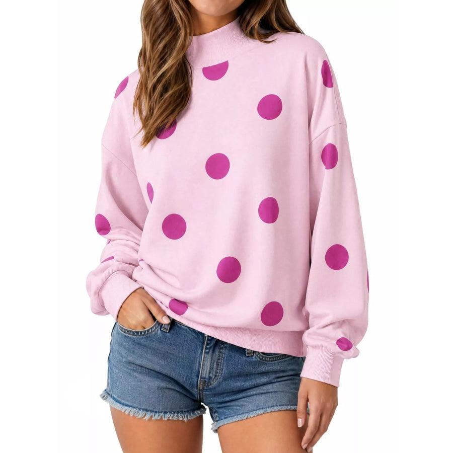 Mock Neck Polka Dot Print Oversized Sweatshirt Pink / S Apparel and Accessories