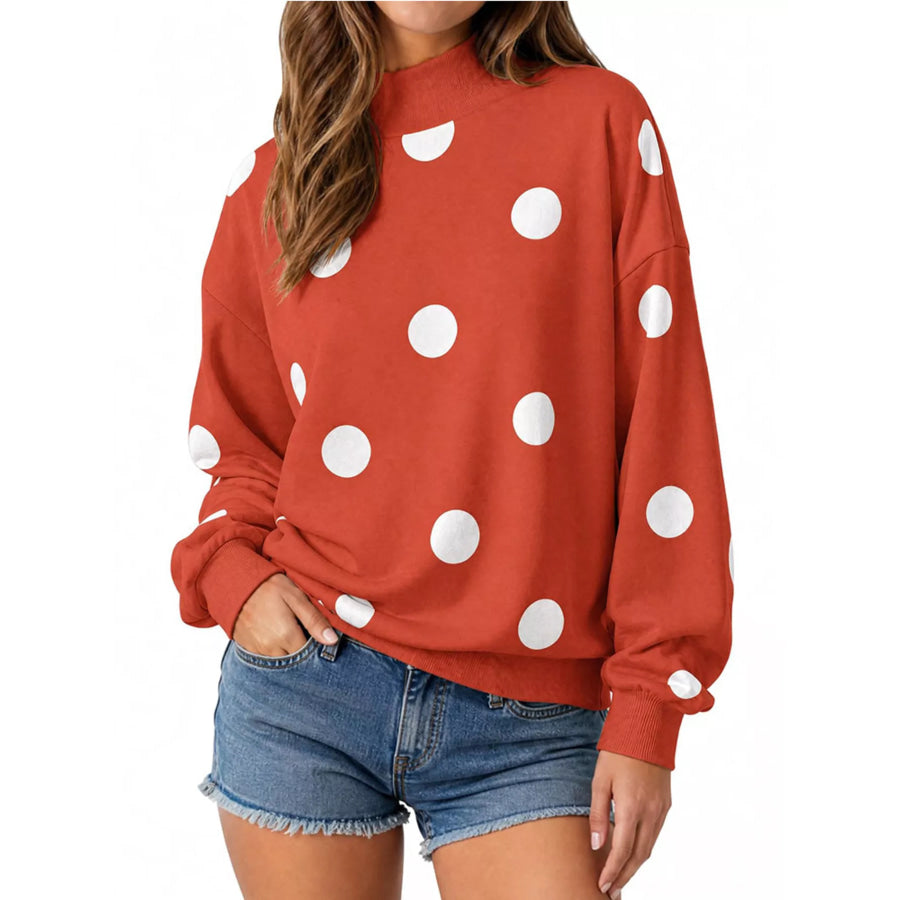 Mock Neck Polka Dot Print Oversized Sweatshirt Red / S Apparel and Accessories