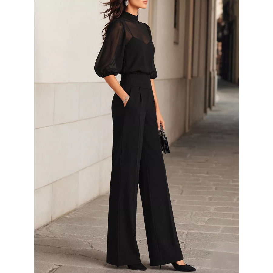 Mock Neck Puff Sleeve Top and Wide Leg Pants Set Apparel Accessories