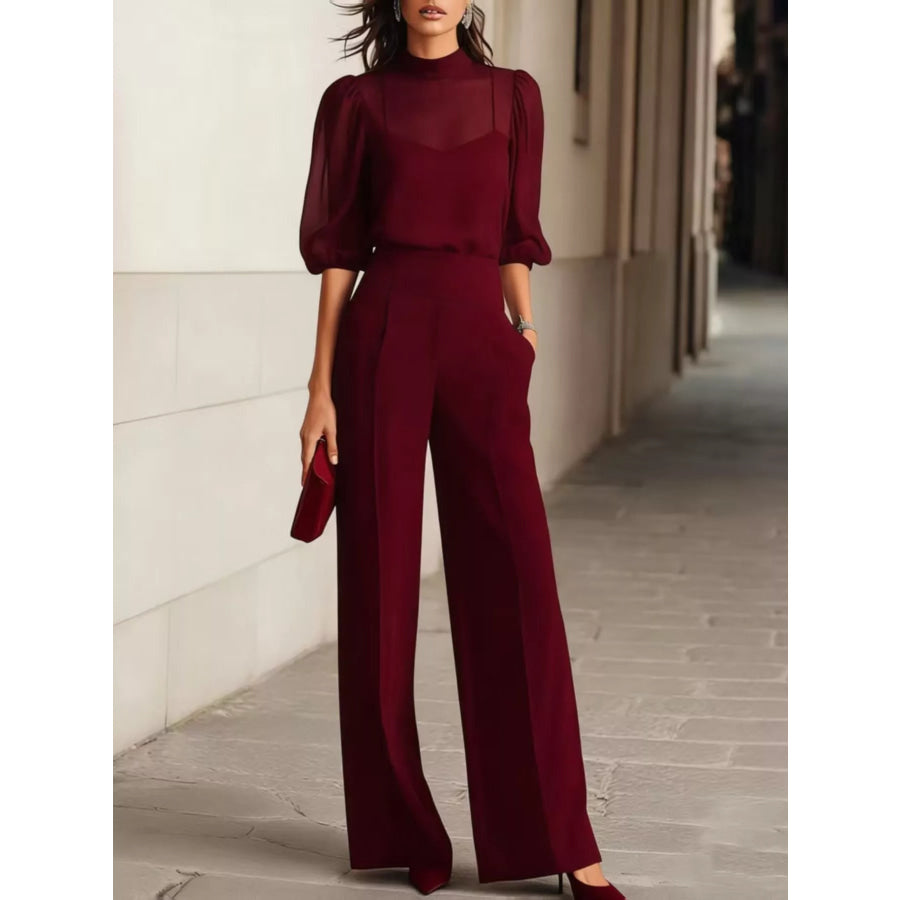 Mock Neck Puff Sleeve Top and Wide Leg Pants Set Apparel Accessories