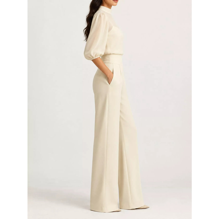 Mock Neck Puff Sleeve Top and Wide Leg Pants Set Apparel Accessories