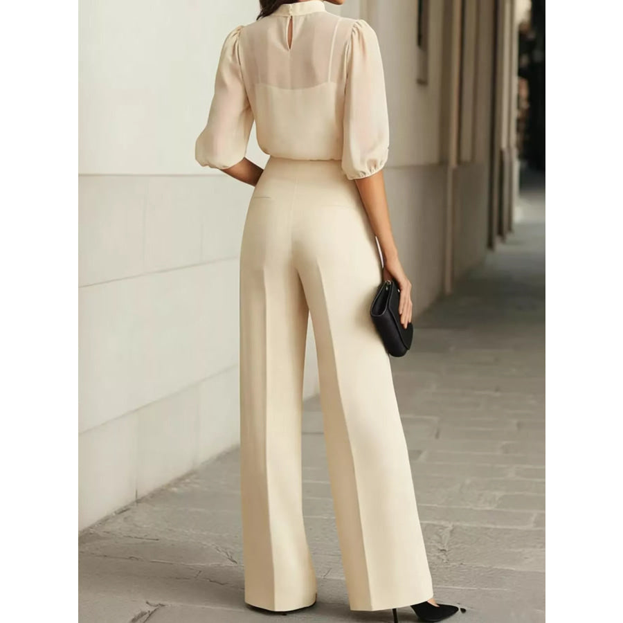 Mock Neck Puff Sleeve Top and Wide Leg Pants Set Apparel Accessories