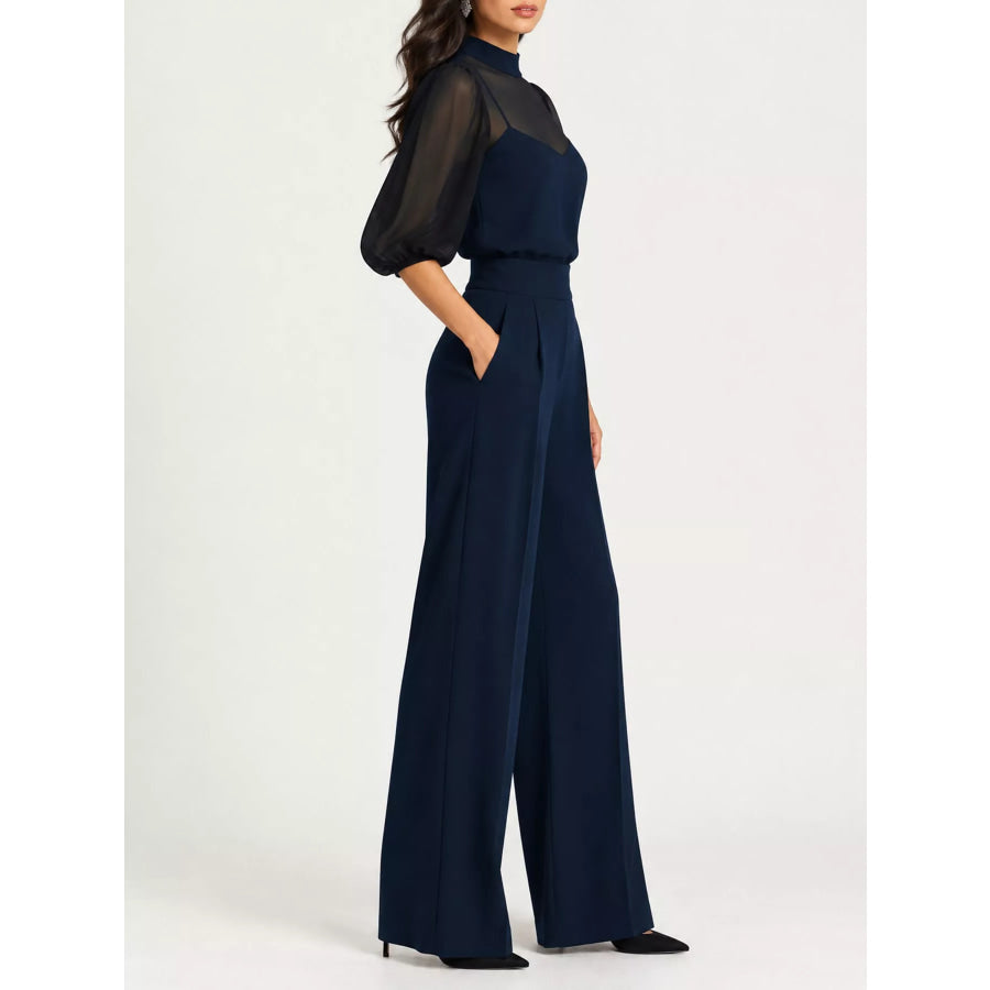 Mock Neck Puff Sleeve Top and Wide Leg Pants Set Apparel Accessories