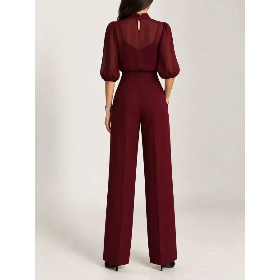 Mock Neck Puff Sleeve Top and Wide Leg Pants Set Apparel Accessories