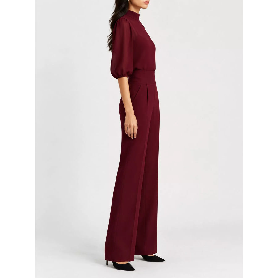 Mock Neck Puff Sleeve Top and Wide Leg Pants Set Apparel Accessories