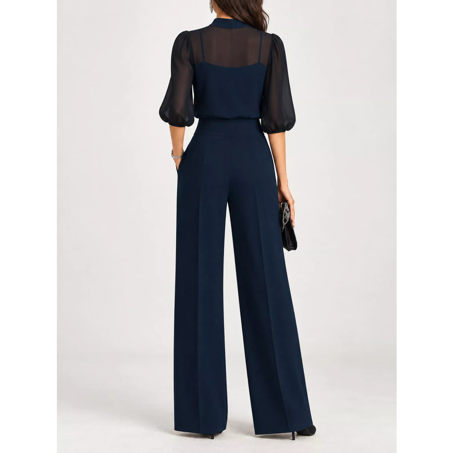 Mock Neck Puff Sleeve Top and Wide Leg Pants Set Apparel Accessories