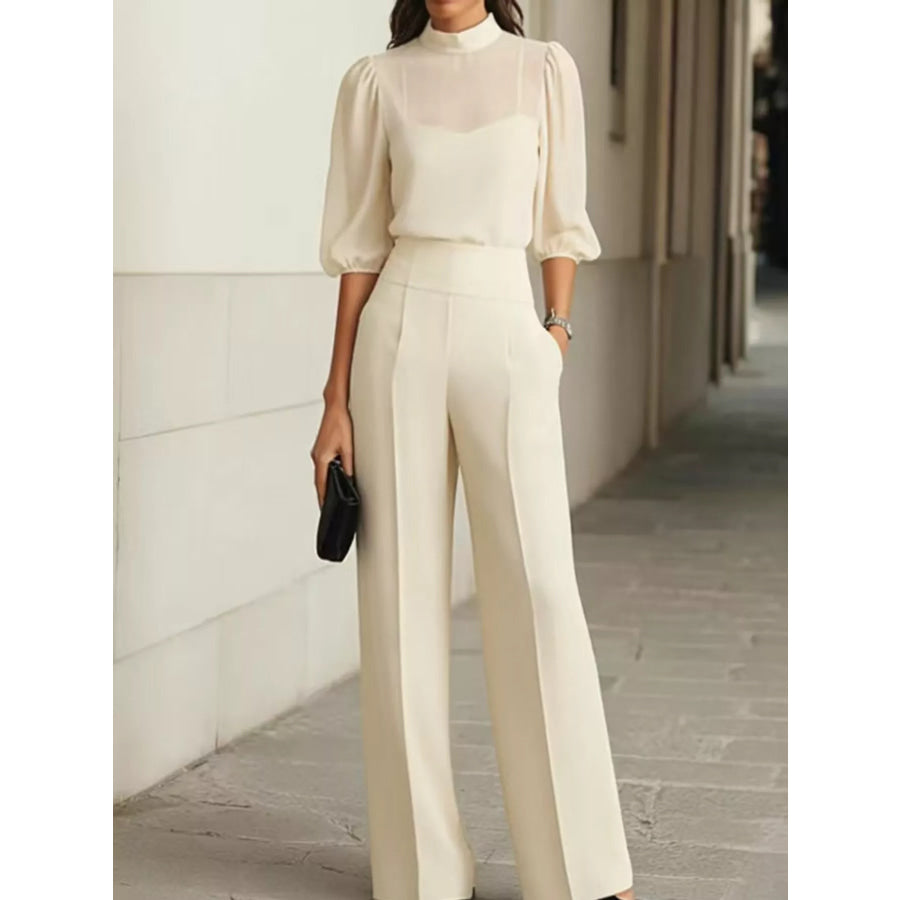 Mock Neck Puff Sleeve Top and Wide Leg Pants Set Apricot / XS Apparel Accessories