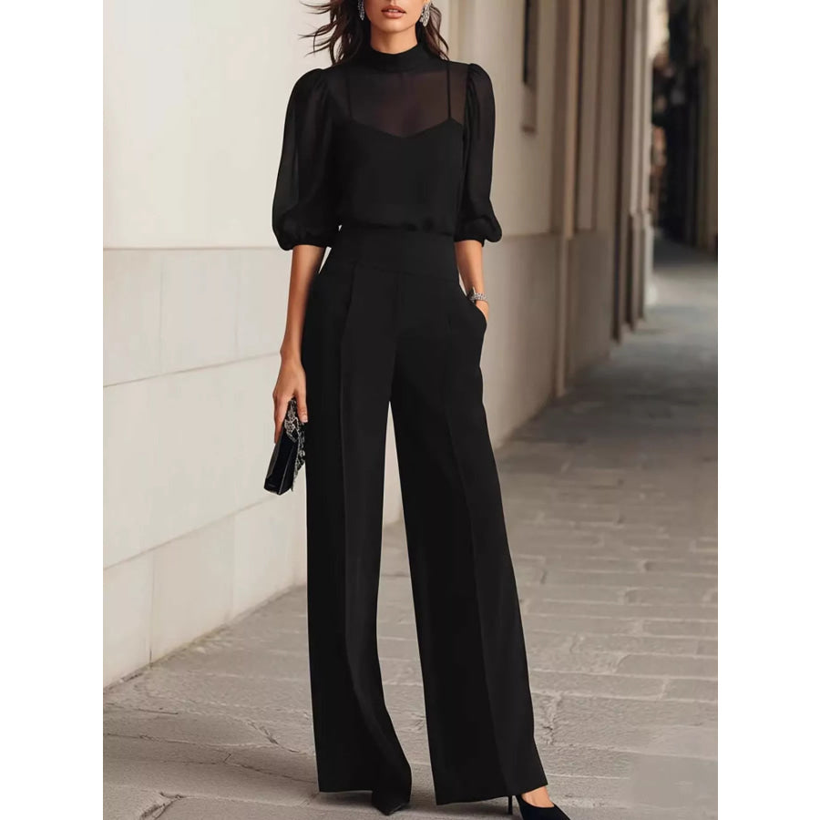 Mock Neck Puff Sleeve Top and Wide Leg Pants Set Black / XS Apparel Accessories