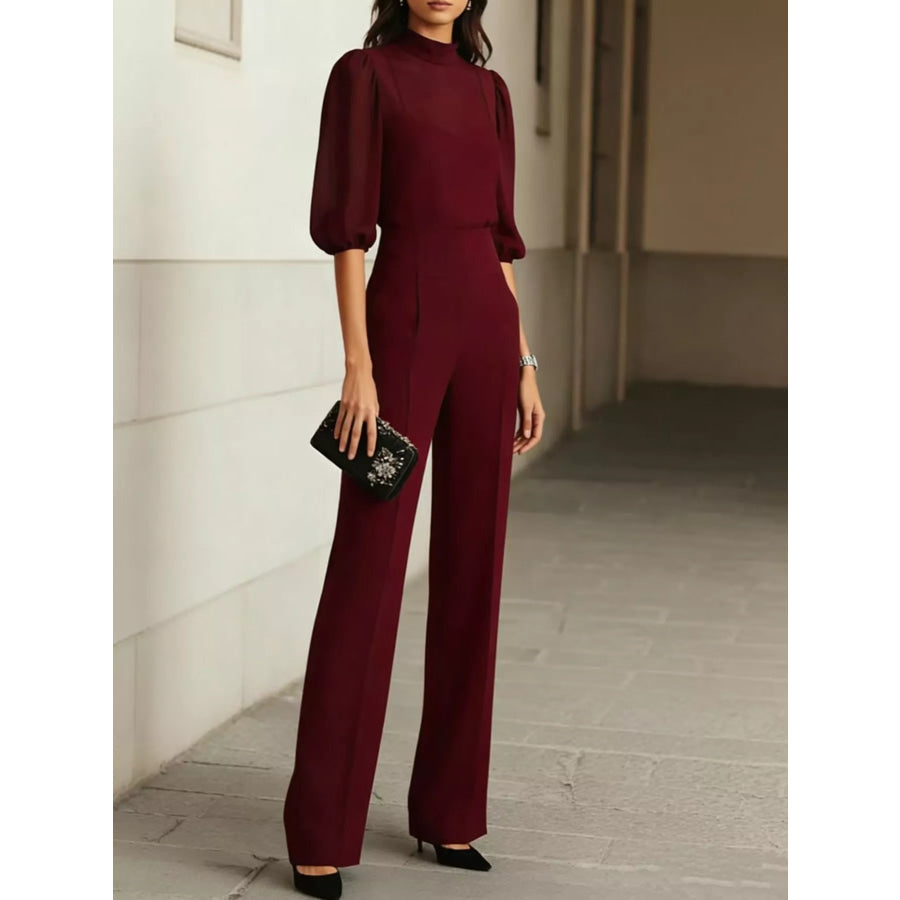 Mock Neck Puff Sleeve Top and Wide Leg Pants Set Burgundy / XS Apparel Accessories