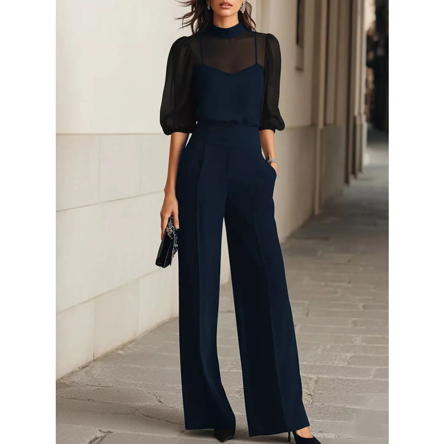 Mock Neck Puff Sleeve Top and Wide Leg Pants Set Royal Blue / XS Apparel Accessories
