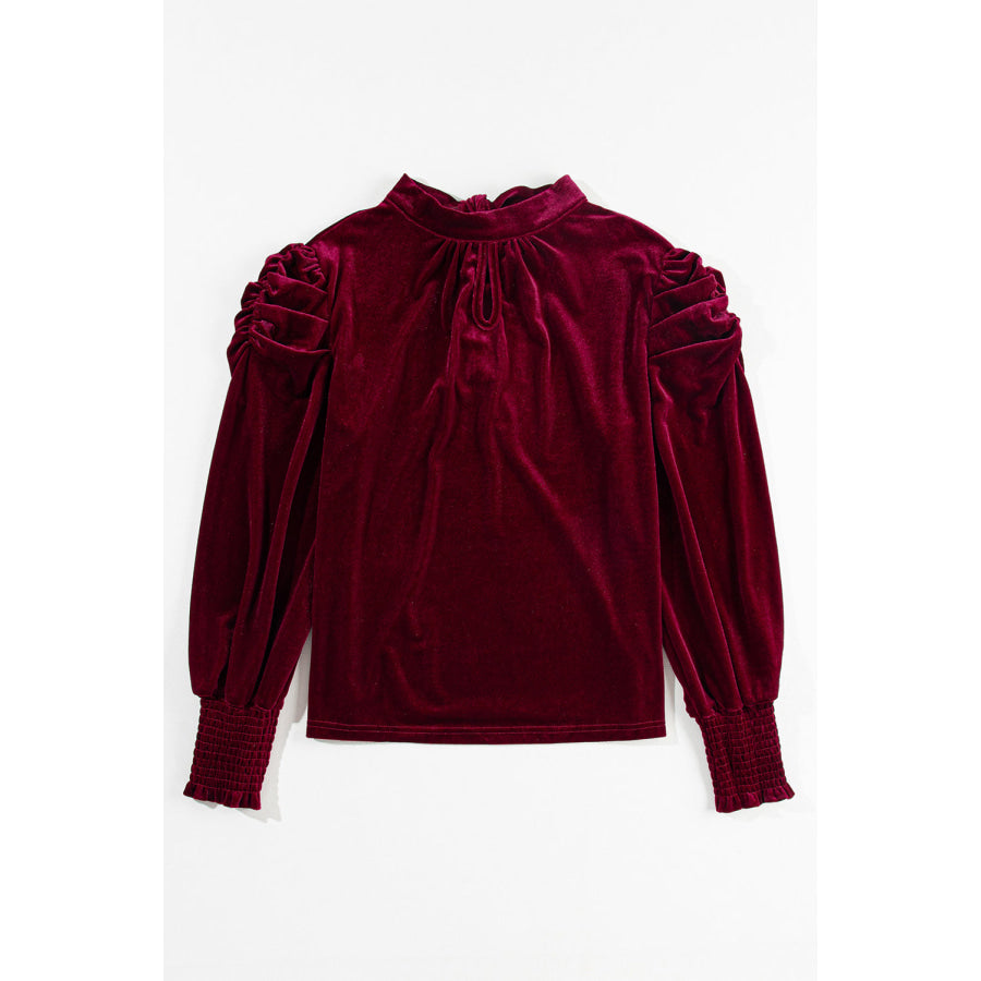 Mock Neck Puff Sleeve Velvet Blouse Apparel and Accessories