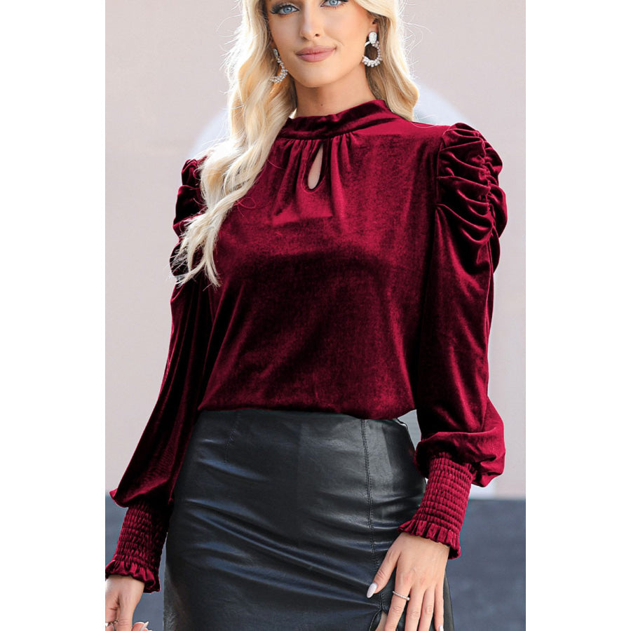 Mock Neck Puff Sleeve Velvet Blouse Apparel and Accessories