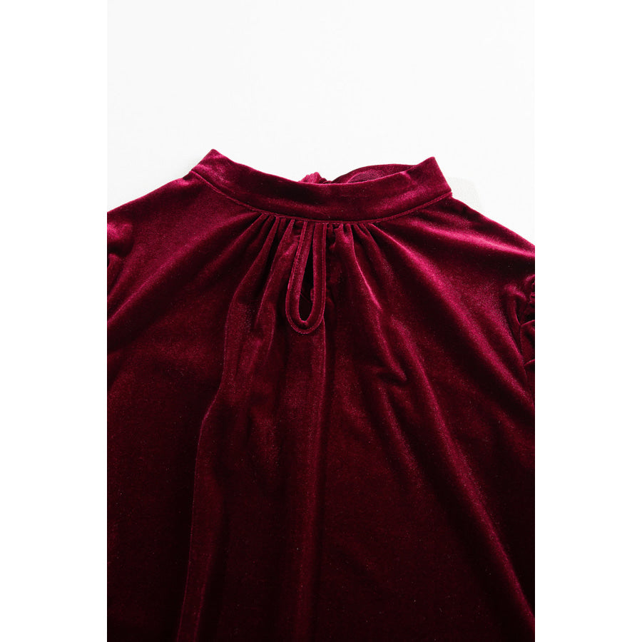 Mock Neck Puff Sleeve Velvet Blouse Apparel and Accessories