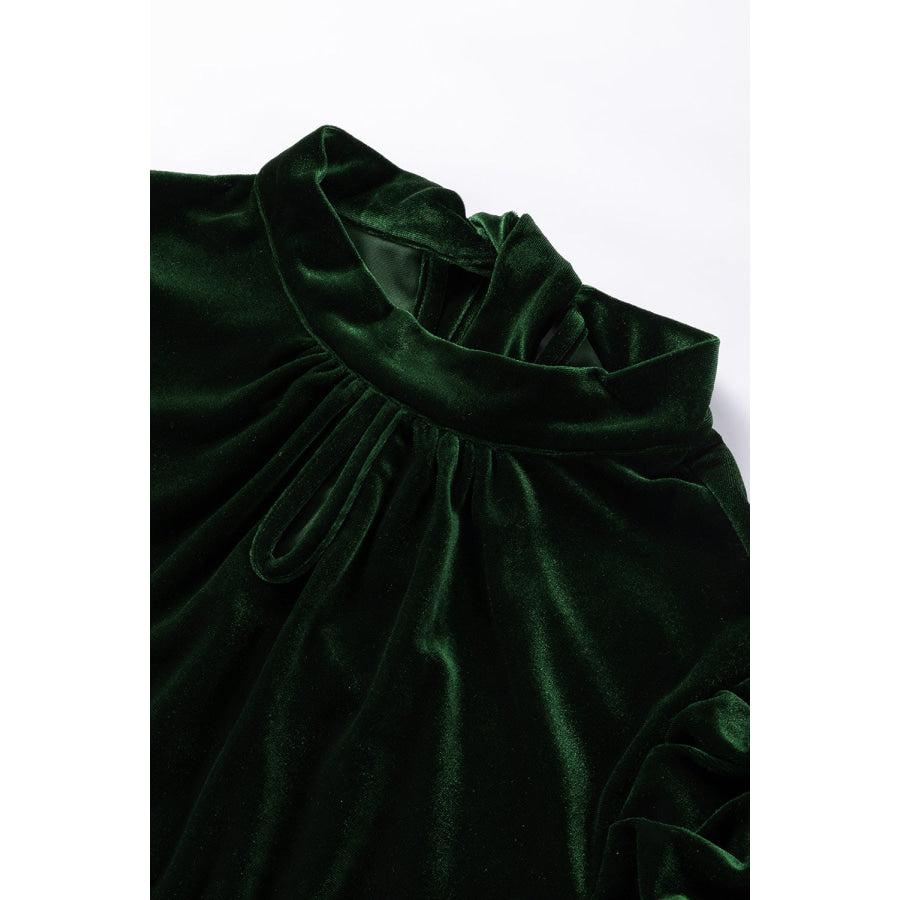 Mock Neck Puff Sleeve Velvet Blouse Apparel and Accessories