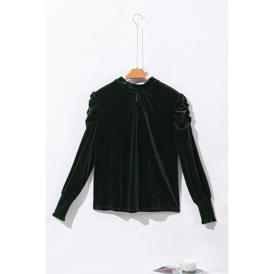 Mock Neck Puff Sleeve Velvet Blouse Apparel and Accessories