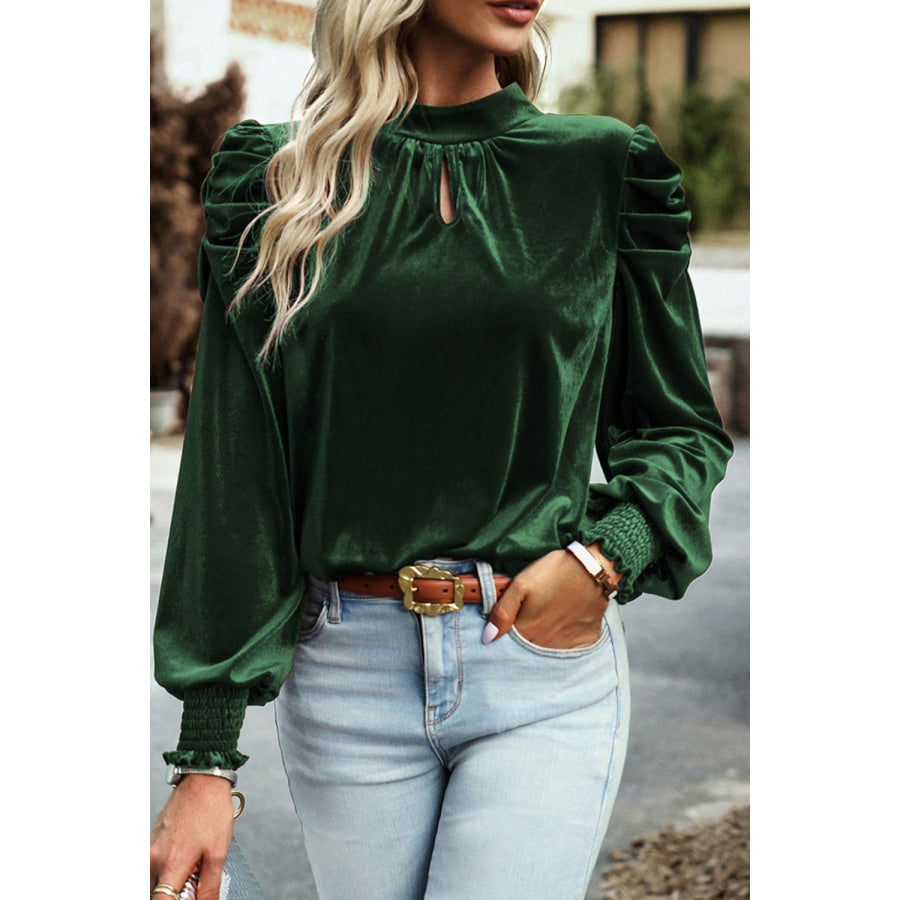 Mock Neck Puff Sleeve Velvet Blouse Apparel and Accessories