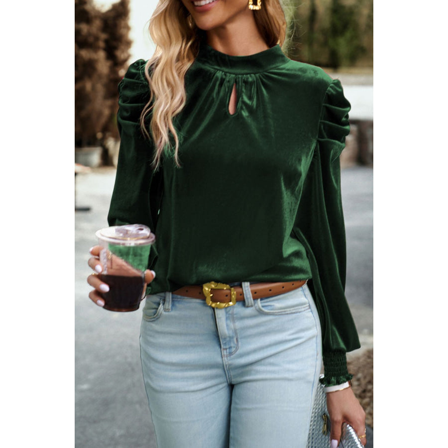 Mock Neck Puff Sleeve Velvet Blouse Apparel and Accessories