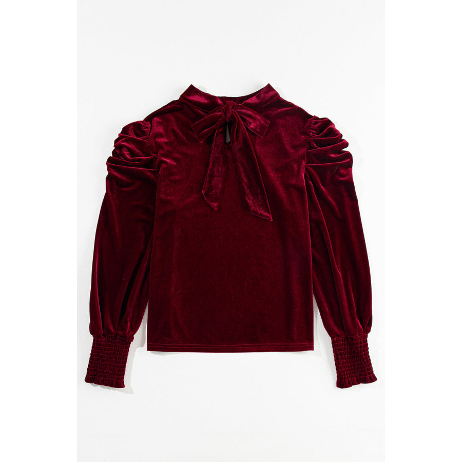 Mock Neck Puff Sleeve Velvet Blouse Apparel and Accessories