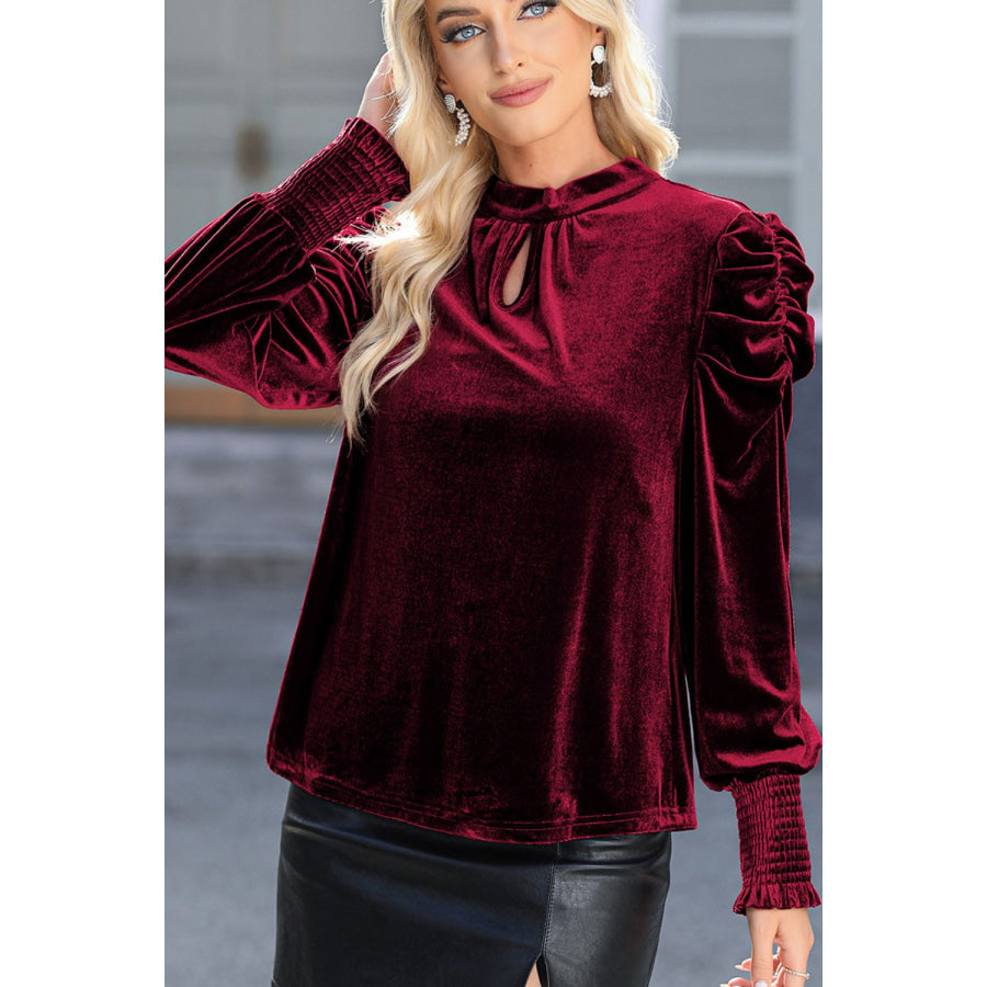 Mock Neck Puff Sleeve Velvet Blouse Apparel and Accessories